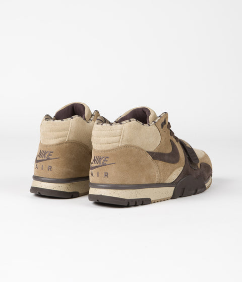 Nike Air Trainer 1 Shoes in Hay and Baroque Brown and Taupe - Varsity Red