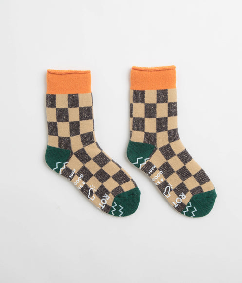 RoToTo Checkerboard Socks - Light Orange / Dark Green