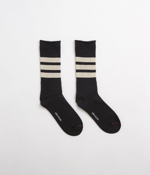RoToTo Fine Pile Striped Socks - Black / Raw Beige