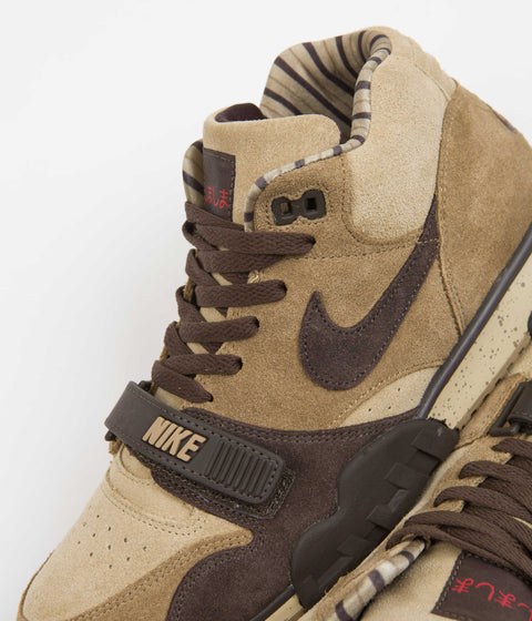 Nike Air Trainer 1 Shoes in Hay and Baroque Brown and Taupe - Varsity Red