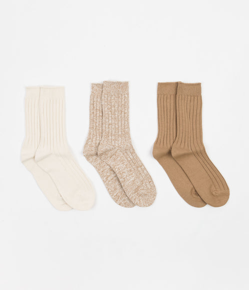 RoToTo Organic Ribbed Crew Socks (3 Pack) - Ecru / Brown